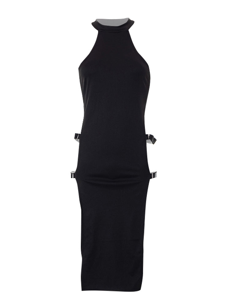 JazzHer Harajuku Sexy Black Dress Women Mall Gothic Emo Alt High Waist Side Hollow Out Dress Nightclub Grunge Rave Outfit Female