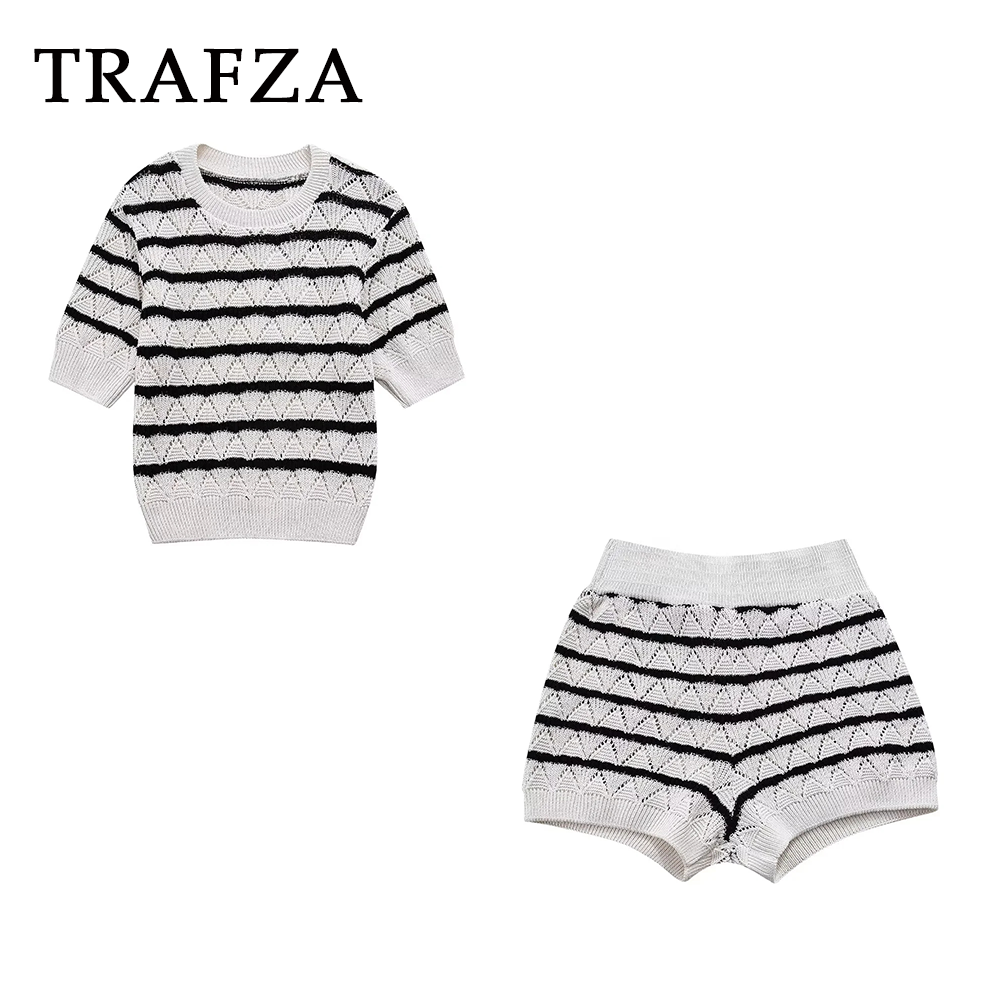 cold weather outfits JazzHer 2024 Spring Summer Beach Style knitted Women Suits Fashion Striped Hollow Out Short Shirts+Elastic Waist Mini Shorts