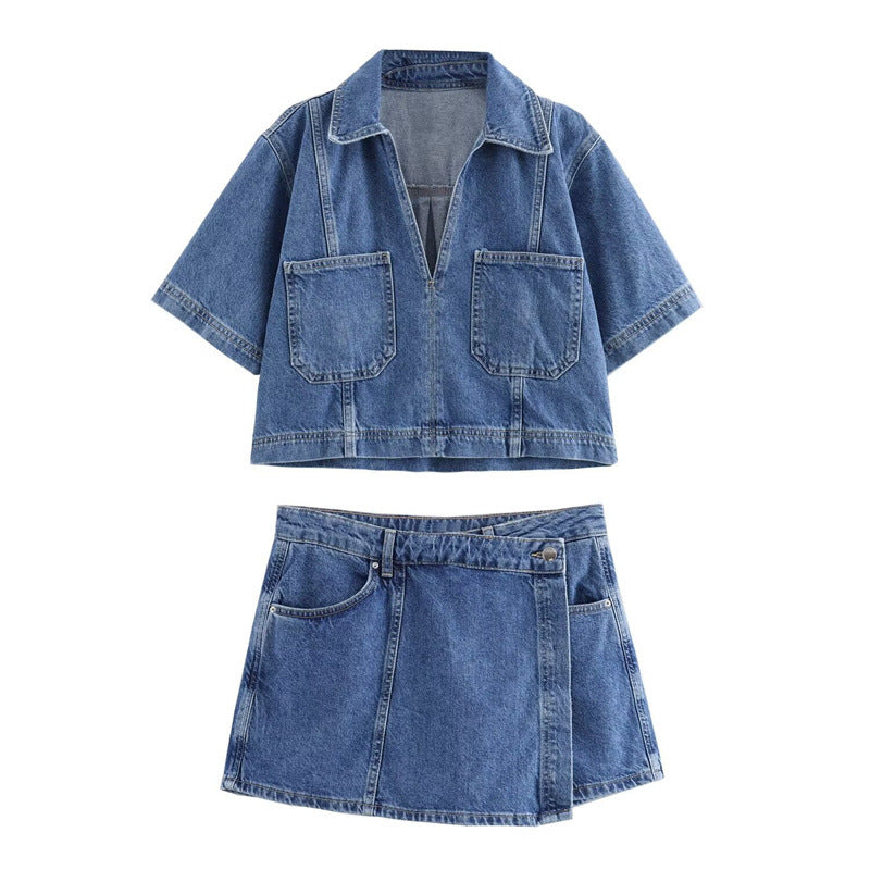 JazzHer Spring New Women's Fashion Temperament Casual Versatile V-neck Short Denim Shirt Double Breasted Denim Skirt Set