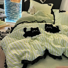 JazzHer Korean Style Bedding Set Green Strip Black Cat Embroidery Washed Cotton  Duvet Cover Cute Cardboard  Bed linen Comforter Sets