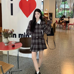 cold weather outfits JazzHer 2024 Autumn New Women's Plaid Jacket And Skirt Set Chic Vintage Simple Style With Leather Belt Fashion Dress Outfit