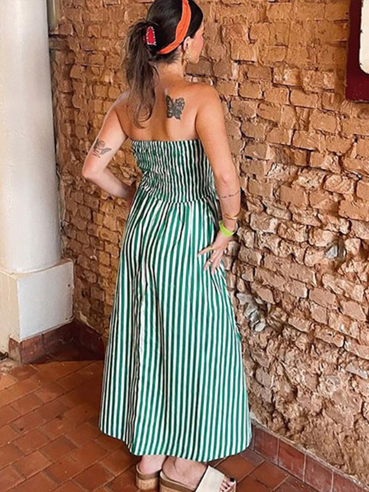 JazzHer Casual Striped Strapless Holiday Dress Women Pleated Backless High Waist Female Midi Dresses 2024 Summer Lady Slim Beach Robes