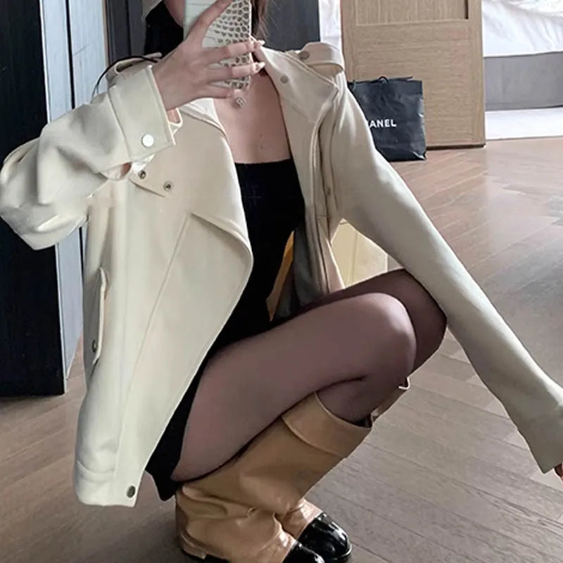 cold weather outfits JazzHer 2024 Autumn Chamois Leather Jacket Women's White Design Sensibility Motorcycle Style Loose Fit Leather Coat For Casual Scene