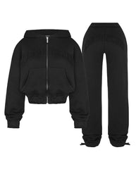 JazzHer Black zip-up hoodie sweatpants Two-piece Y2K Clothing Women's hip Hop Solid color embroidered casual sweatshirt casual pants emo