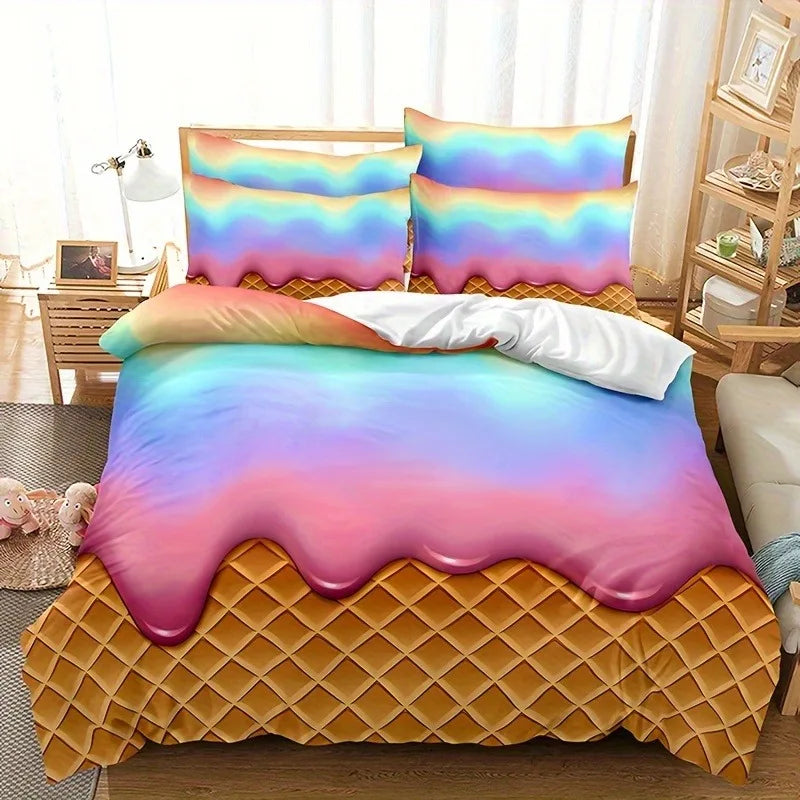 JazzHer 3pcs Vibrant Rainbow Ice Cream Wafer Cone Duvet Cover Set - Soft, Breathable, and Comfortable Bedding for Bedroom, Dormitory