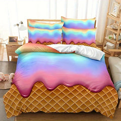 JazzHer 3pcs Vibrant Rainbow Ice Cream Wafer Cone Duvet Cover Set - Soft, Breathable, and Comfortable Bedding for Bedroom, Dormitory