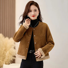 cold weather outfits JazzHer Winter Style Chamois Leather Lamb Wool Integrated Jacket Thickened Crew Neck Petite Cropped Top Stylish Warm For Cold Weather Sc