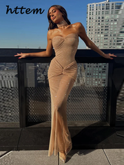 JazzHer Sexy Strapless Mesh Long Party Dress Women Pleated Off Shoulder Sleeveless Backless Female Dresses 2024 Summer Lady Bodycon Robe