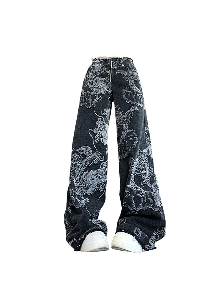 christmas outfit JazzHer Women Black Gothic Dragon Print Jeans Baggy Vintage Aesthetic Cowboy Pants Harajuku Denim Trousers Y2k Trashy 2000s Clothes 2025