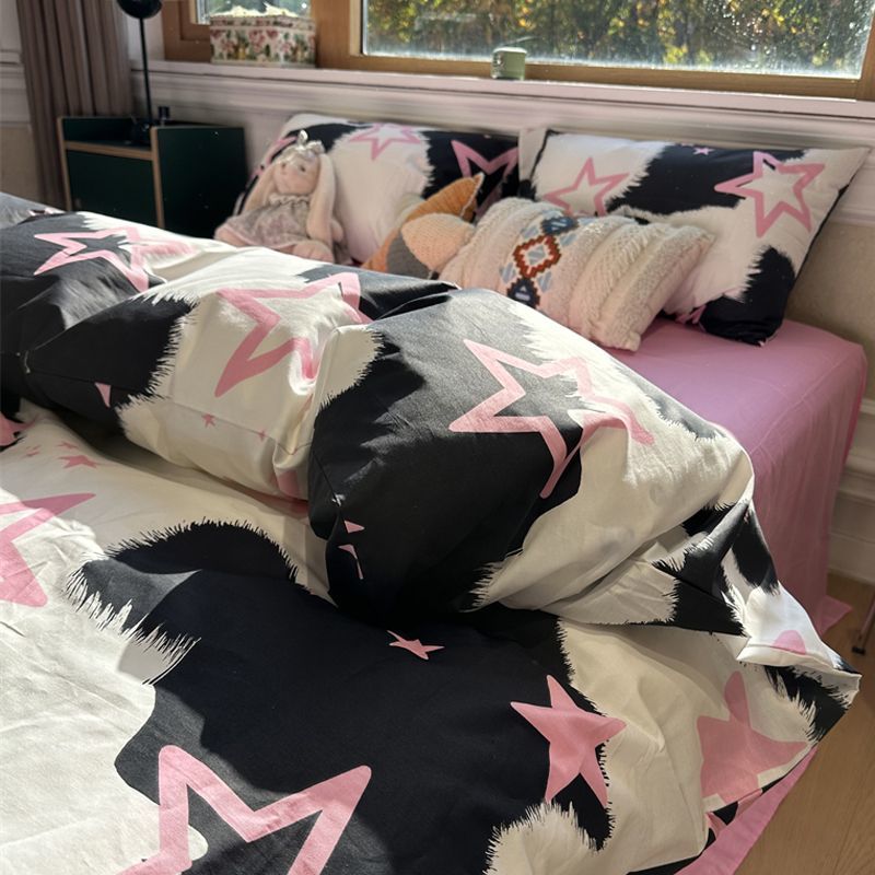 JazzHer Korean Style Pink Letter Bedding Set Flat Bed Sheet Pillowcase Twin Full Queen Size Bed Linen Women Girls Duvet Cover No Filling