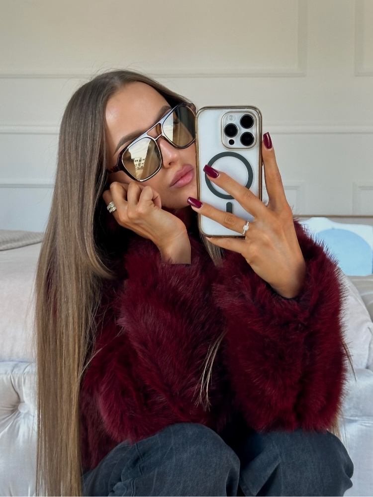 JazzHer Burgundy Red Chic Women's Fluffy Faux Fur Short Jacket Women Elegant Lapel Long Sleeve Plush Coat Female Warm Cropped Streetwear