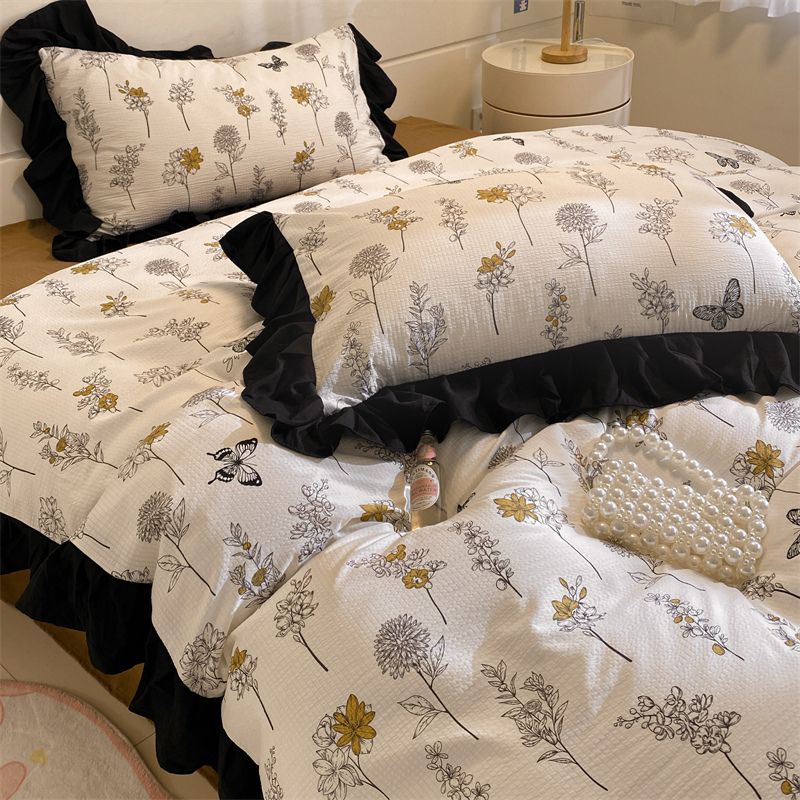 JazzHer Ins French Style Girls Heart Lace Bedding Set Bubble Wash Cotton Quilt Cover With Pillowcases Bed Sheet Set 4pcs