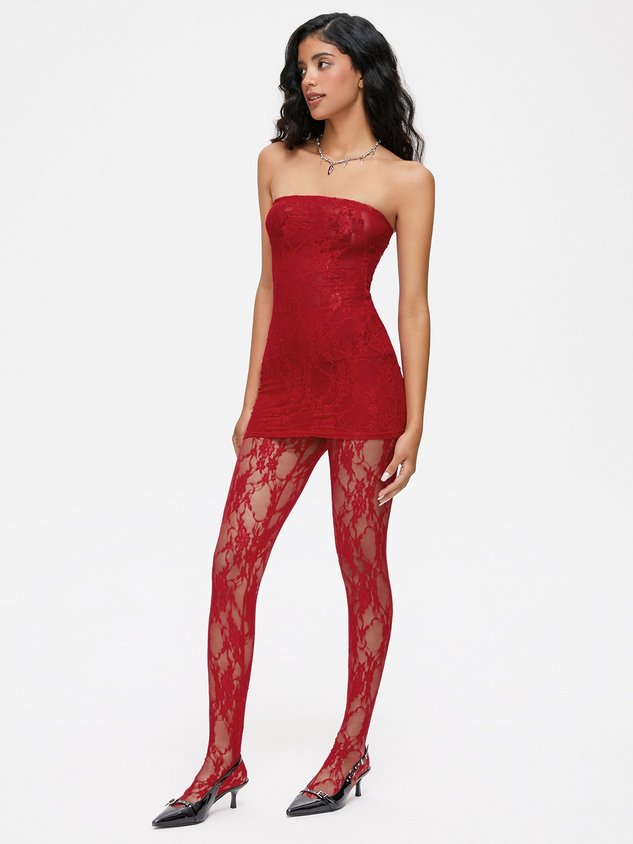 JazzHer 2024 New Lace Mesh Plain Tube Dress With Tights Two-Piece Set