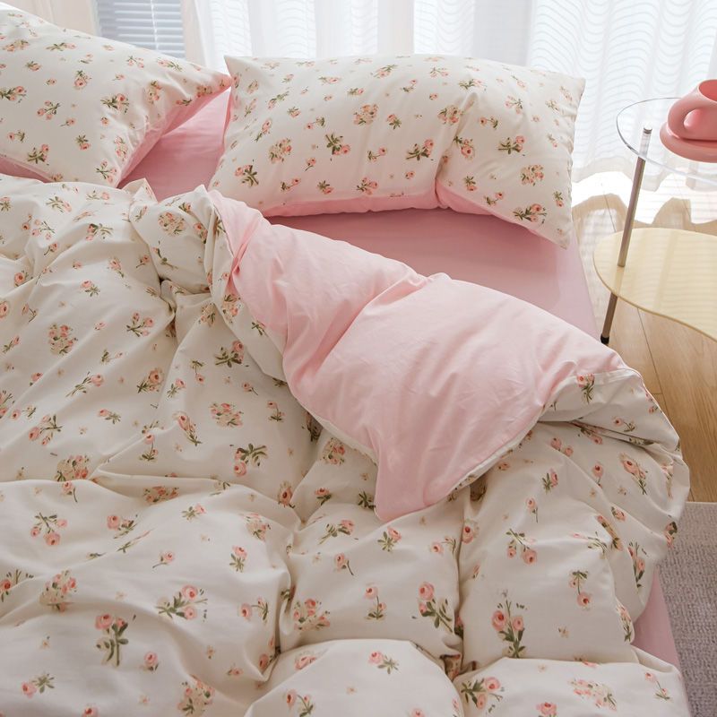 JazzHer Ins Pink Tulip Bedding Set Floral Duvet Cover Flat Sheet with Pillowcases No Filling Single Queen Size Boys Girls Bed Linen