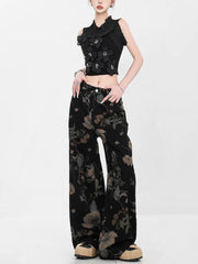 christmas outfit JazzHer Women's Black Gothic Y2k Floral Jeans Harajuku Japanese 2000s Style Baggy Denim Trousers Vintage Emo Jean Pants Trashy Clothes