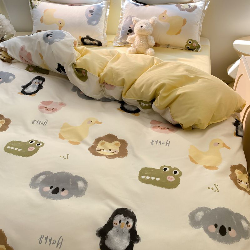 JazzHer Kawaii Bear Bedding Set No Filler Ins Single Queen Size Duvet Cover Flat Sheet Pillowcase Kids Adult Boys Home Hotel Bed Linens