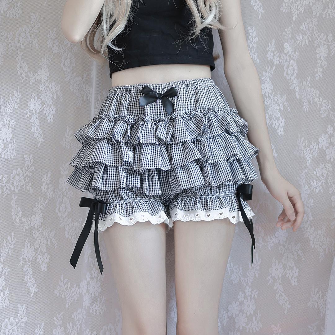 JazzHer Lolita Kawaii MIni Skirt Cute Women Clothes Harajuku Y2k Bow Multilayer Fluffy Skirt Lattice High Waist Lace Sweet Girl Skirts