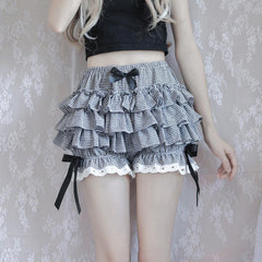 JazzHer Lolita Kawaii MIni Skirt Cute Women Clothes Harajuku Y2k Bow Multilayer Fluffy Skirt Lattice High Waist Lace Sweet Girl Skirts