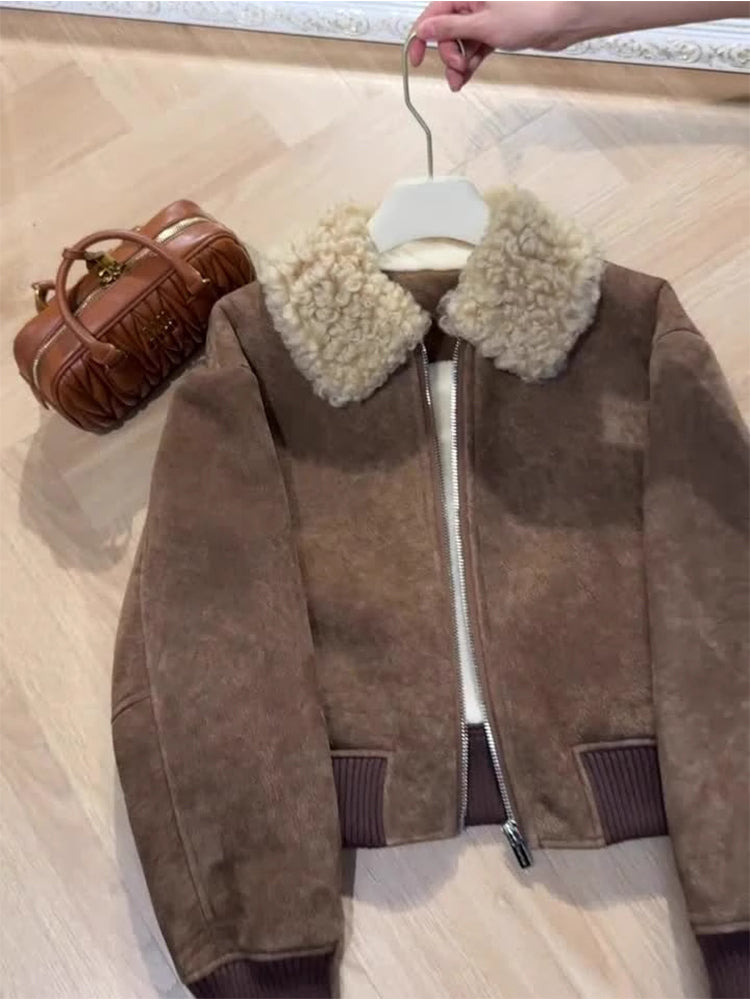 christmas outfit JazzHer Women Brown Leather Jacket Coat Vintage Mustang Shearling Jacket 90s Fashion Outfits Korean Loose Outerwear Winter Clothes 2025