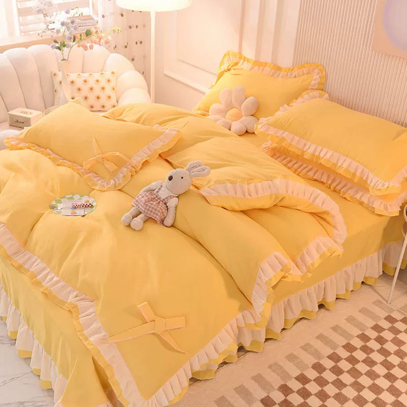 JazzHer Green Bedding Sets Kawaii Seersucker Bed Sheet Pillowcase Fashion Girl Princess Duvet Cover 4 Pieces Cute Home Decoration