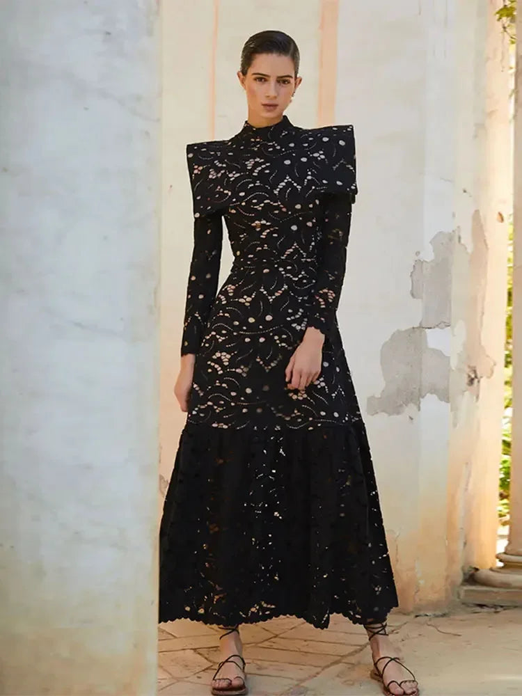 JazzHer Elegant Hollowed Lace Maxi White Dress Women Fashion Mock Neck Long Sleeved Shoulder Padded Robes 2025 Evening Women's Clothing