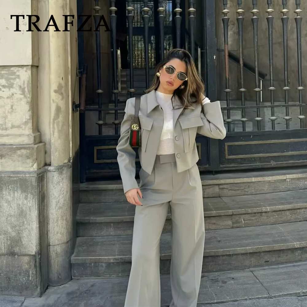 cold weather outfits JazzHer 2024 Spring Summer Casual Women Solid Suits Fashion Streetwear Pockets Turn-down Collar Short Jackets+Chic Wide leg pants