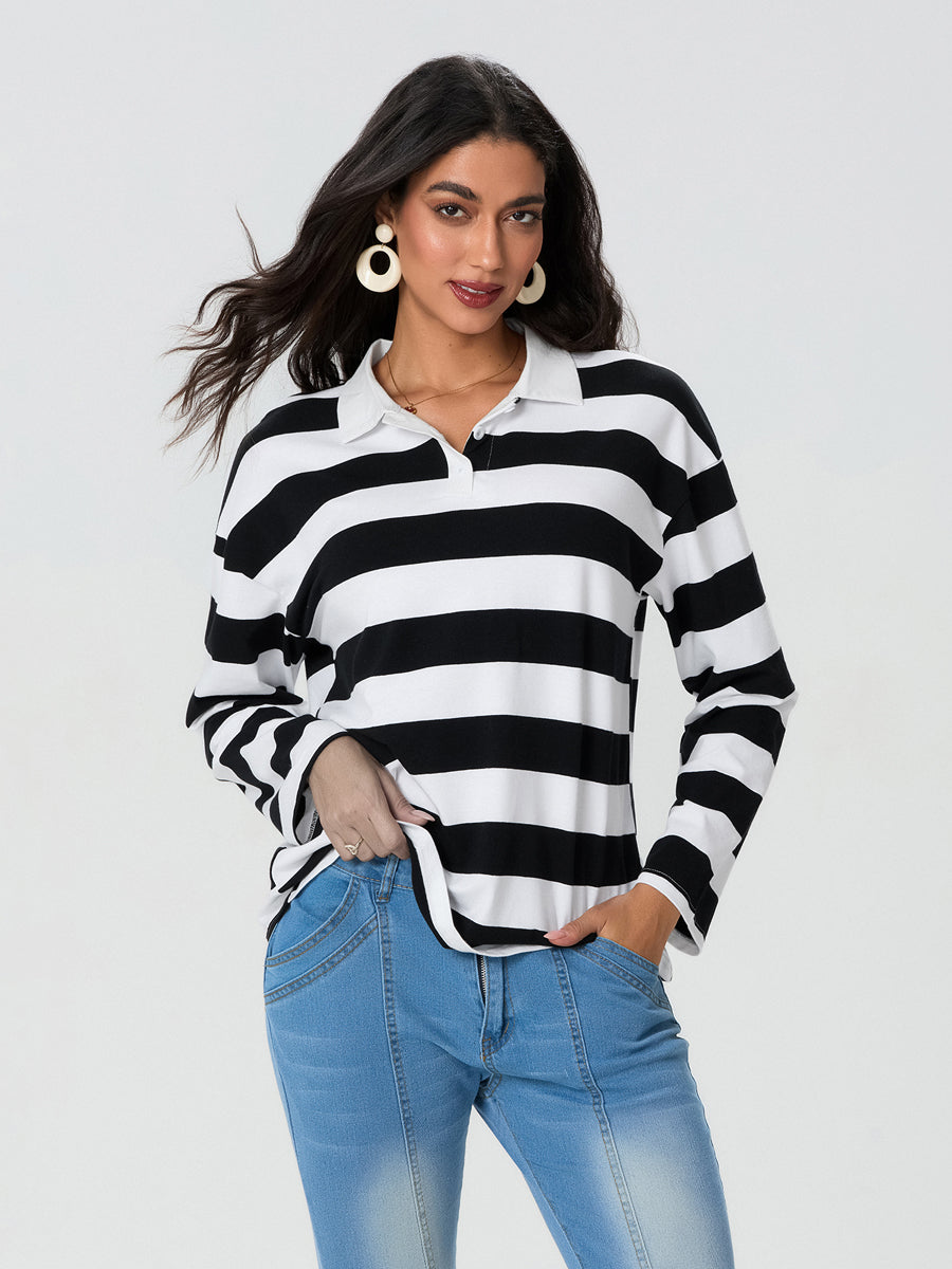 thanksgiving outfit JazzHer New Fashion Women's Fall Stripe Print Pullover Lapel Long Sleeve Loose Sweatshirt Casual Tops