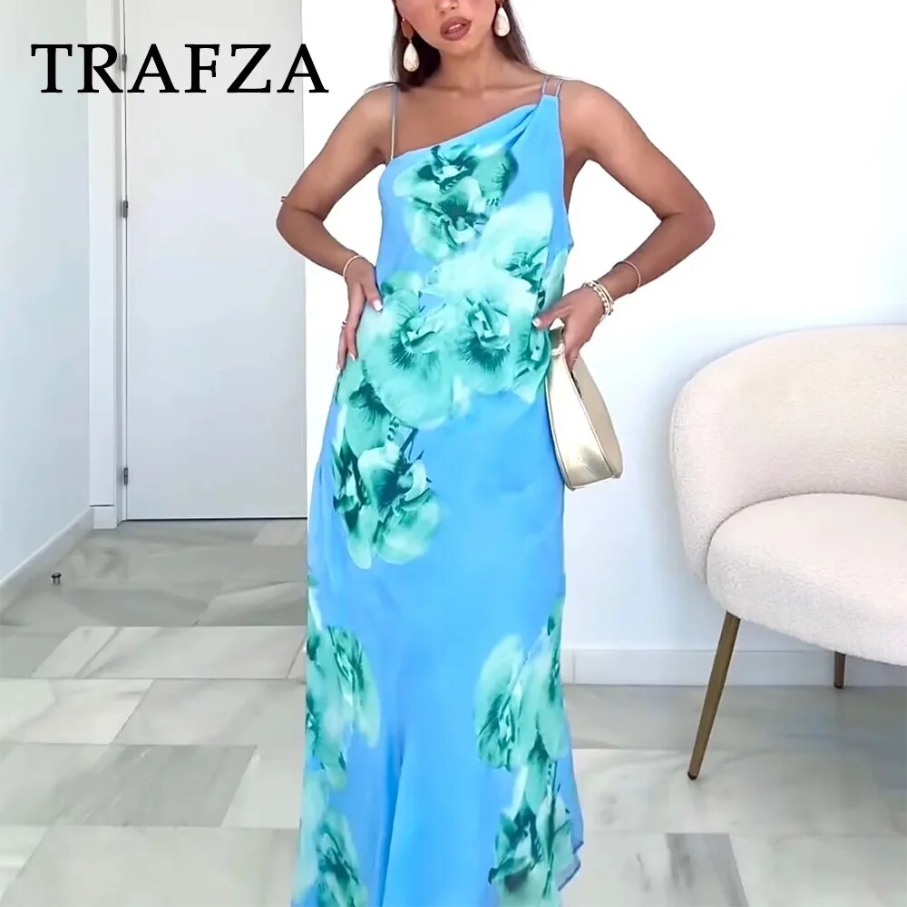 cold weather outfits JazzHer 2024 Spring Summer Casual Print Women Dresses Fashion Beach Style Floral Diagonal collar Slim Camisole Trumpet Long Dress