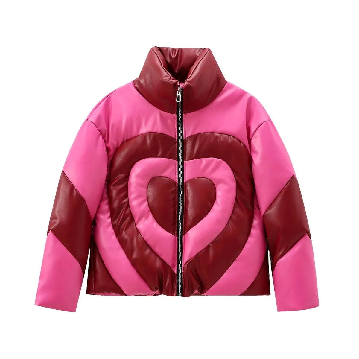 cold weather outfits JazzHer Autumn/Winter New Arrival Warm PU Leather Puffer Jacket Fashionable Heart-Shaped Color Block Casual Cotton Coat Thickened Cotton