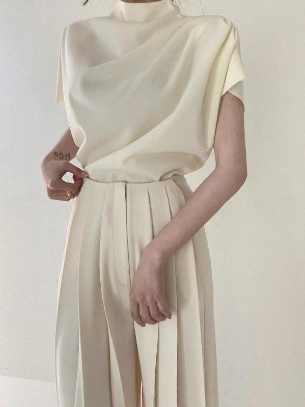 JazzHer Stand Collar Pleated Sleeveless Top + High Waist Pleated Wide Leg Pants set