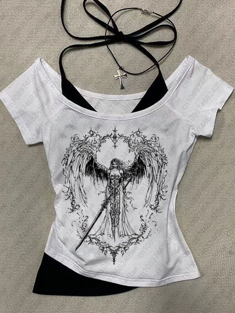 JazzHer 2000s Retro Goth Graphic Print Tops Harajuku Girls Clothing Y2K American style Grunge Fake two short sleeves T-shirt High Street