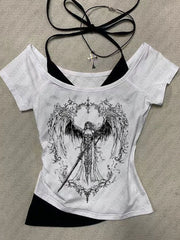 JazzHer 2000s Retro Goth Graphic Print Tops Harajuku Girls Clothing Y2K American style Grunge Fake two short sleeves T-shirt High Street