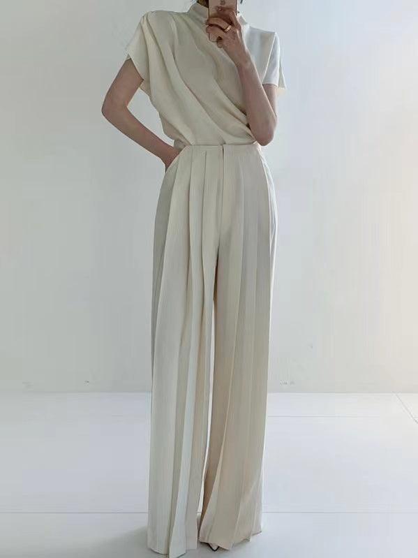 JazzHer Stand Collar Pleated Sleeveless Top + High Waist Pleated Wide Leg Pants set