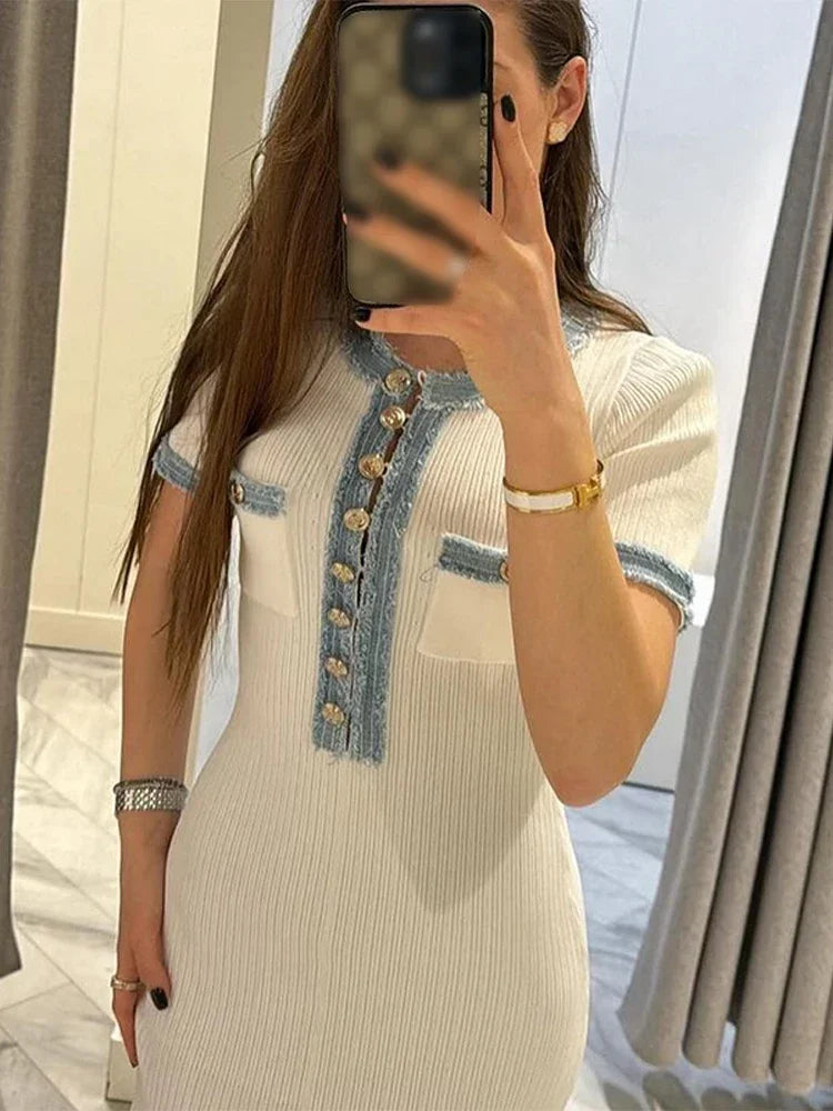 JazzHer Elegant V Neck Denim Patchwork Knitted Long Dress Women Fashion Short Sleeved Buttons Bodycon Dresses Office Lady Pockets Robes