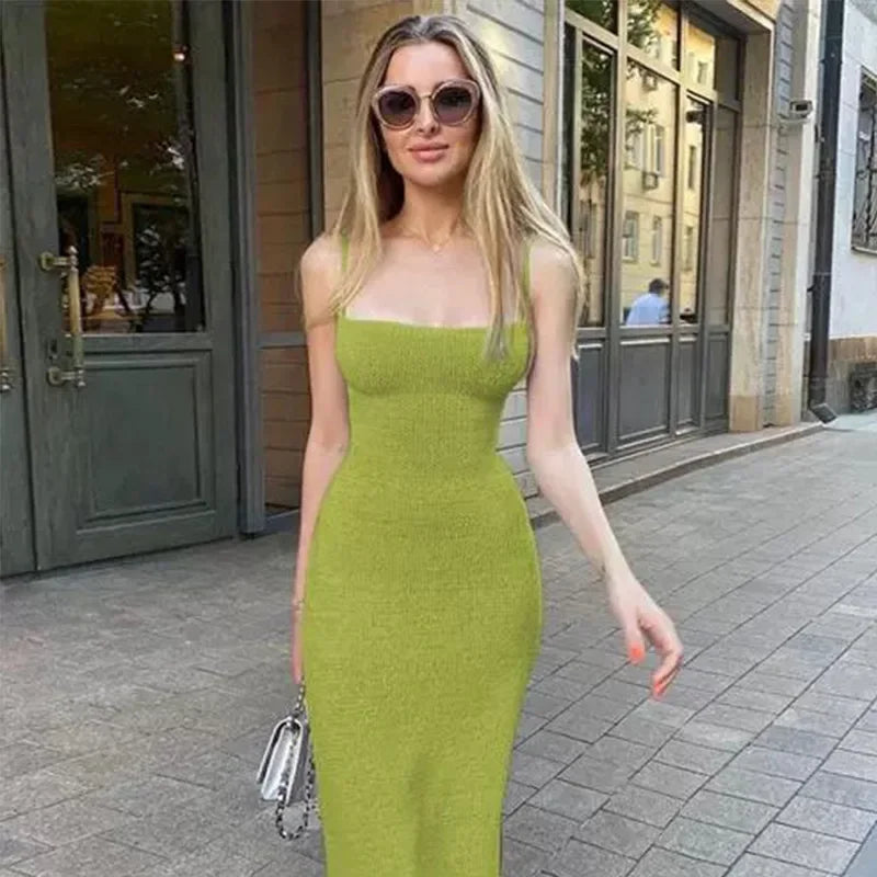 JazzHer Sexy Knit Split Sling Dress Women Slim Square Collar Bandage Sleeveless Backless Female Dresses 2024 Summer Lady Beach Robe New