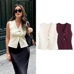 JazzHer Ladies With Gold Button Slim Fit Knit Waistcoat Women Vest Tank Vintage V-neck Sleeveless Button-Up Female Waistcoat Chic Tops