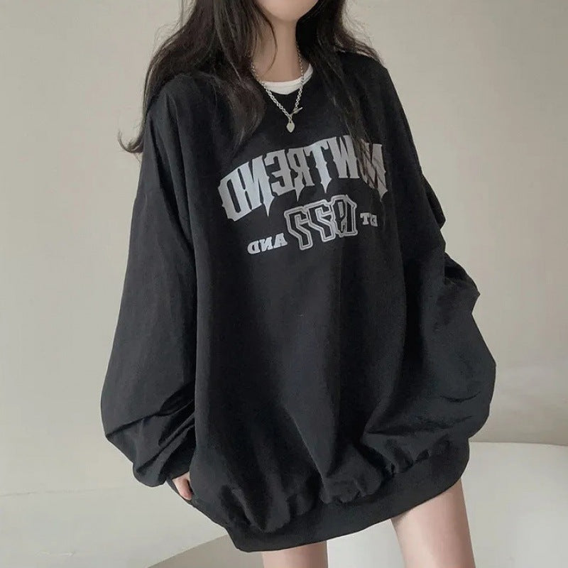 JazzHer Letter Print Oversized Round Neck Sweatshirt