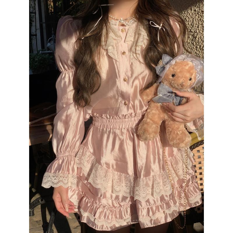 JazzHer Autumn Japanese Sweet Lace 2 Piece Set Women Elegant Y2k Crop Tops + Cute High Waist Mini Skirt Lolita Princess Skirt Outfits