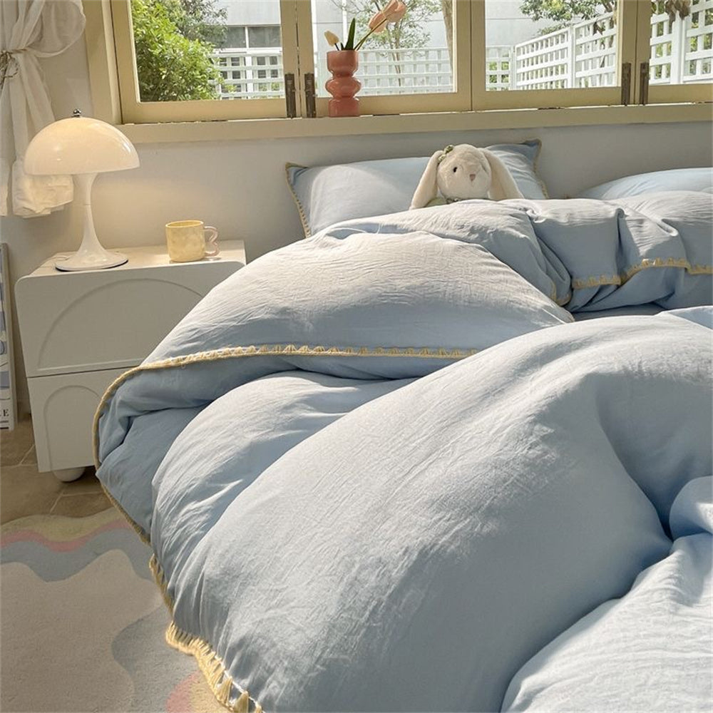 JazzHer Ins Style Blue Color Bedding Sheet Nordic Solid Duvet Cover Set Hot Sale Home Luxury Bedding Set Bed Sheet Comfortable Bedspread