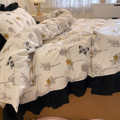 JazzHer Ins French Style Girls Heart Lace Bedding Set Bubble Wash Cotton Quilt Cover With Pillowcases Bed Sheet Set 4pcs