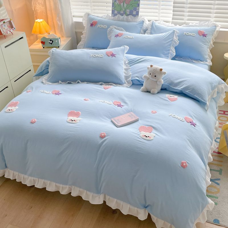 JazzHer Kawaii Princess Bedding Set with White Ruffles Korean Style Girls Single Full Duvet Cover No Filling Flat Sheet Pillowcases Kit