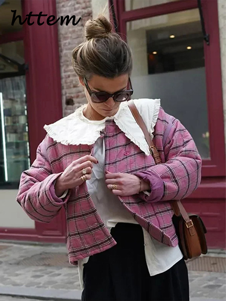 JazzHer Casual Plaid Padded Coats Women Vintage O-neck Button Pockets Long Sleeve Quilted Jackets 2024 Autumn Winter Lady Cotton Outwear