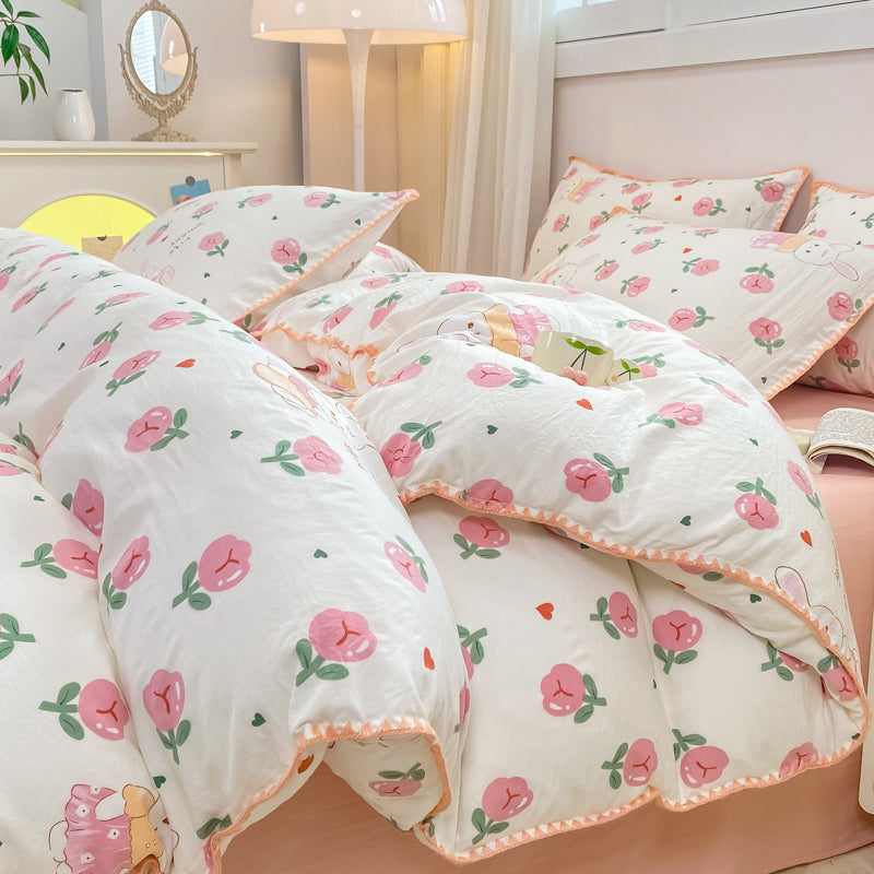 JazzHer INS Girls Cherry Bedding Set Soft Washed Cotton Bed Sheet Queen King Size Simple Quilt Cover Pillowcase Bed Linens