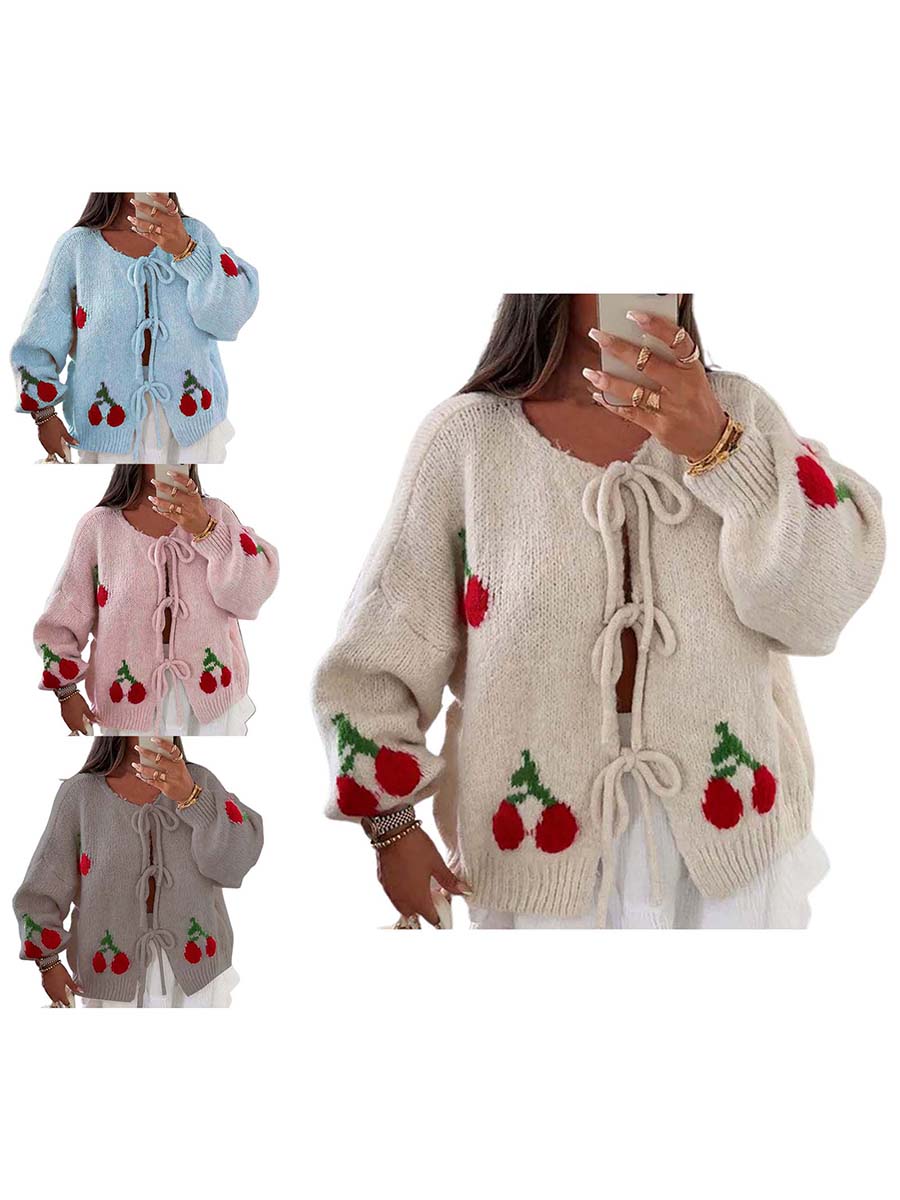 thanksgiving outfit JazzHer Women's Tie Front Knit Cardigan Cherry Pattern Long Sleeve Crew Neck Loose Sweater for Fall Winter