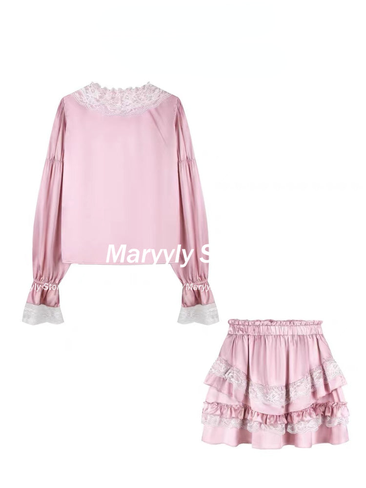 JazzHer Autumn Japanese Sweet Lace 2 Piece Set Women Elegant Y2k Crop Tops + Cute High Waist Mini Skirt Lolita Princess Skirt Outfits