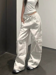 JazzHer Vintage White Cargo Jeans Women Spring Autumn New Streetwear Baggy Straight Denim Pants Korean Casual Female Wide Leg Trousers
