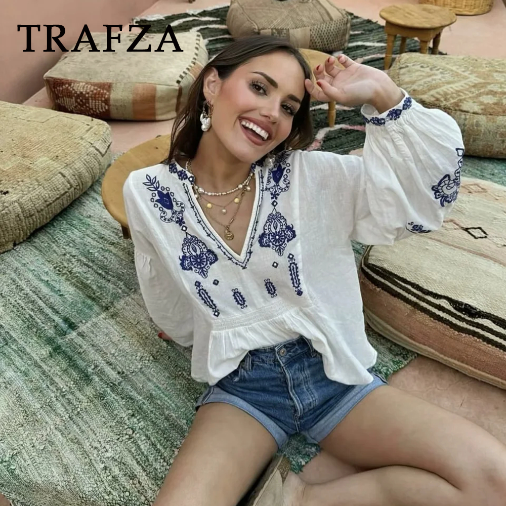 cold weather outfits JazzHer 2024 Spring Summer Casual Embroidery Women Shirts Fashion Vintage Floral Beading V Neck Pullover Ladies Loose Shirts