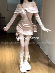 JazzHer Autumn Korean Sweet Dress Suits Women Y2k Slash Nece Sweater Tops + Sexy Slim Lace Mini Dress Female Elegant 2 Piece Sets New