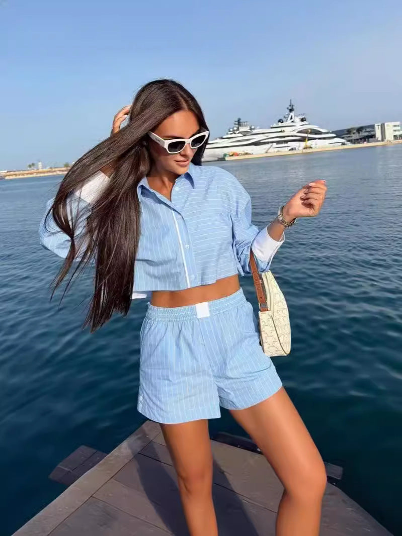 JazzHer Ladies Fashion Elegant 2 Pieces Sets Stripe Shirts Top Casual Shorts Sets Summer Women Suit Two Piece Set Womens Outfits Female