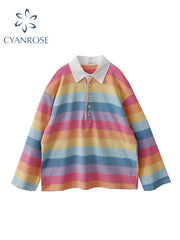 christmas outfit JazzHer Women's Rainbow Striped T-shirt Harajuku Korean Y2k Tee Top Vintage 90s Aesthetic Long Sleeve T-shirt 2000s Fashion Clothes 2025